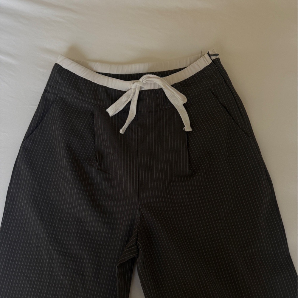 Grey Pinstripe Pants with White Drawstring and white layered top cami